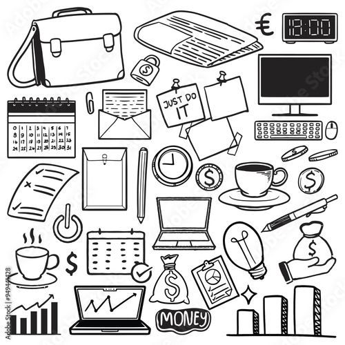 Business and Productivity Vector illustration Doodle Set.