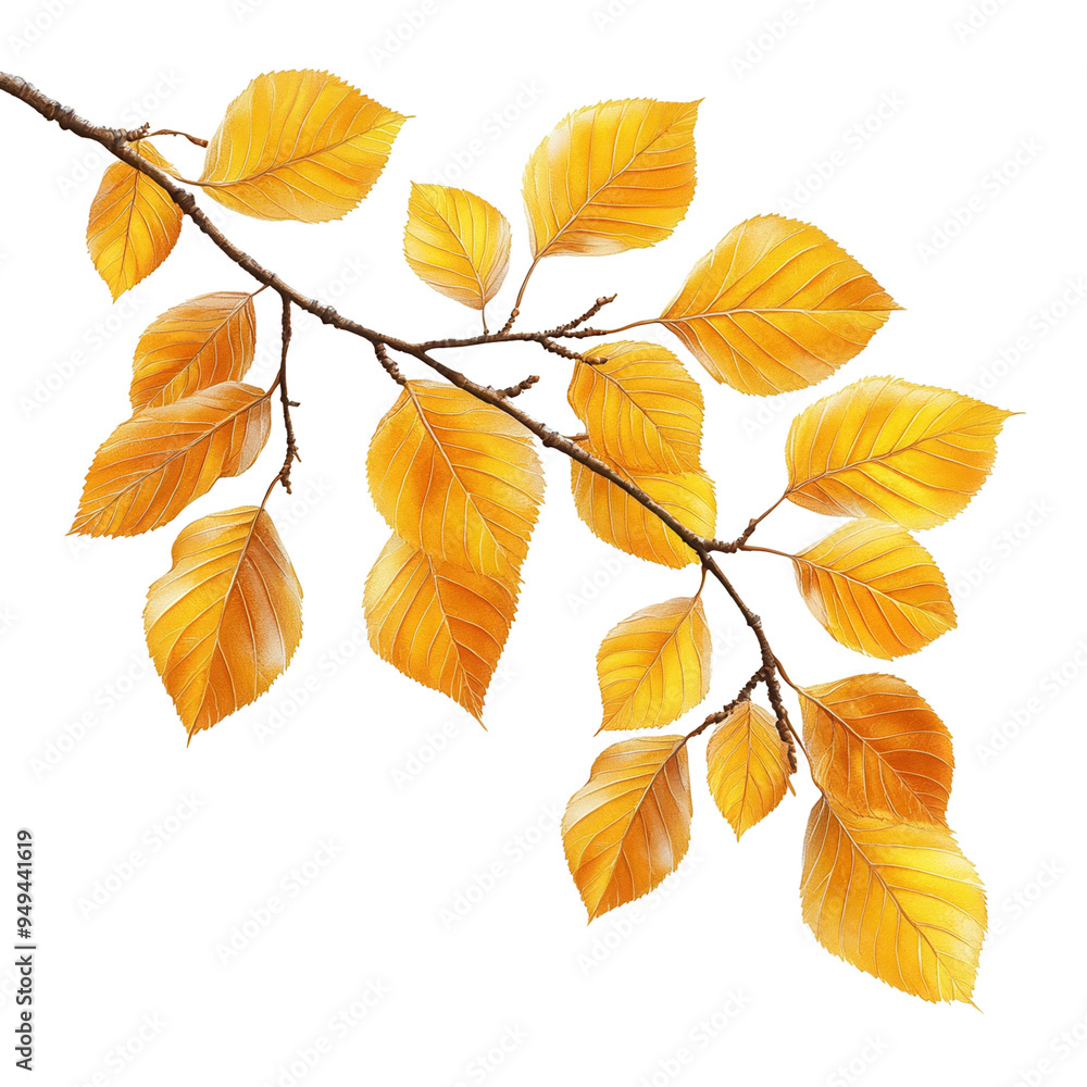 Branch of golden autumn leaves against a white background, perfect for seasonal designs and nature-themed projects. Branch of golden autumn leaves against a white background, perfect for seasonal designs and nature-themed projects.
