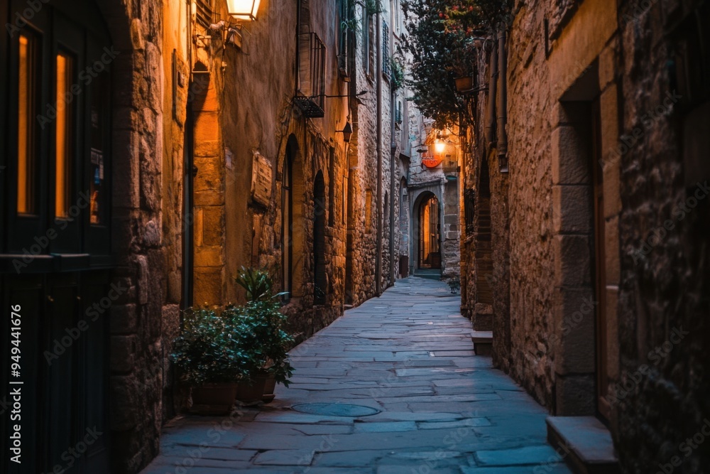 Fototapeta premium Walking through an ancient alleyway travel photography, with copy space