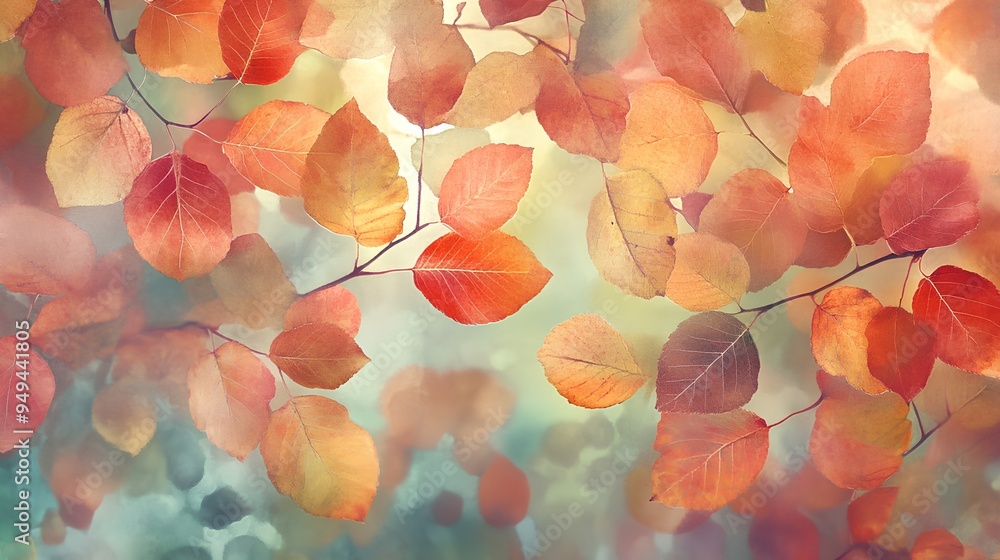 an artistic depiction of autumn leaves. It features a variety of leaves in warm colors such as red, orange, and yellow, set against a soft, blurred background an artistic depiction of autumn leaves. It features a variety of leaves in warm colors such as red, orange, and yellow, set against a soft, blurred background