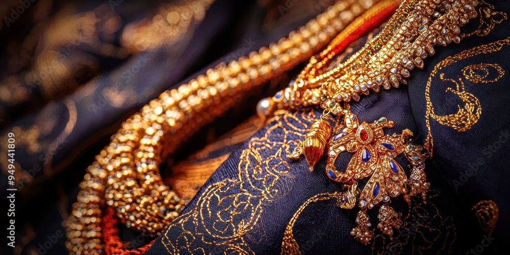 Fototapeta premium Gold Jewelry with Gems on Black Fabric