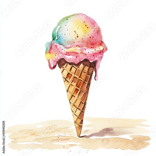 watercolor painting of a melting ice cream cone in the desert, on isolated white background