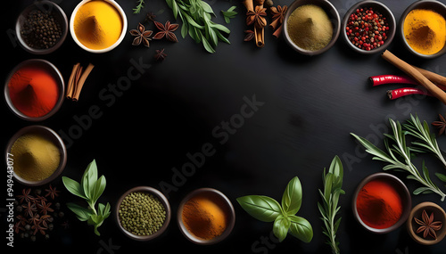 Wallpaper Mural A vibrant assortment of spices, herbs, and greens displayed on a black slate table. Rich colors and textures inspire culinary creativity, offering a sensory feast for the eyes, Background Torontodigital.ca