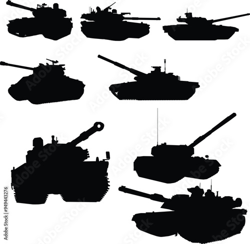 Set of military tank high detailed silhouette illustration isolated on white