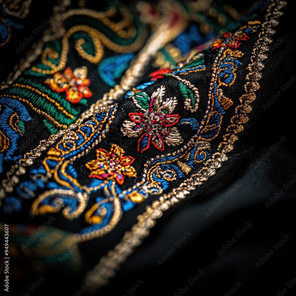 Close up of Black Fabric with Colorful Embroidered Floral Design Close up of Black Fabric with Colorful Embroidered Floral Design
