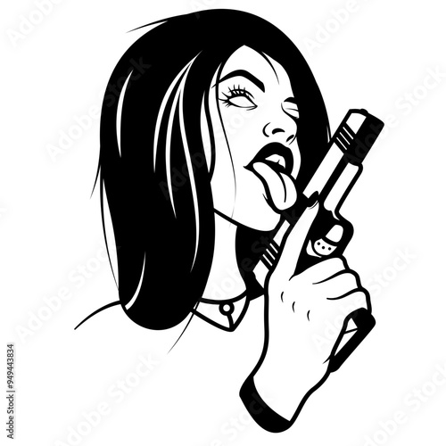 Girl with Gun | Woman Bandit | Mafia Girl | Sexy Girl in Gun | Lady Hipster | Gangster Woman | Bad Girl | Girl Licking Gun | Original Illustration | Vector and Clipart | Cutfile and Stencil