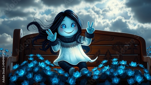 A cheerful girl enjoys a magical blue flower garden at sunset