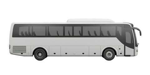 Side view of white bus with tinted windows on transparent background