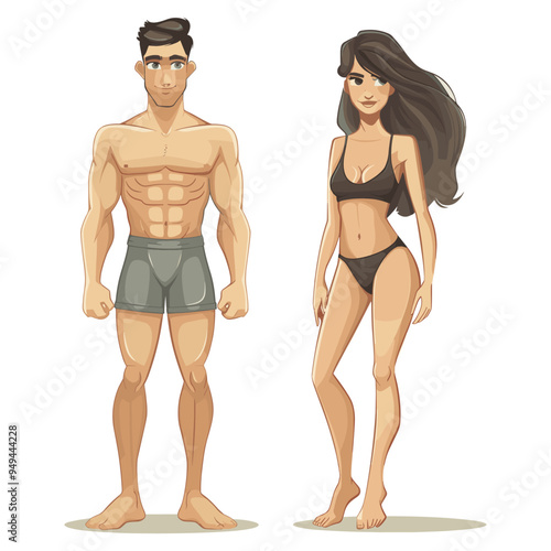 Human body Male and Female, Human body Male and Female, Anatomy - Man and Woman. Illustration showing a man and woman body standing without a shirt and wearing in a white background. 
