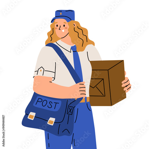 Postman woman in uniform with bag and parcel in hands. Postal delivery service. Flat style character depicted standing. Courier profession. Vector illustration.