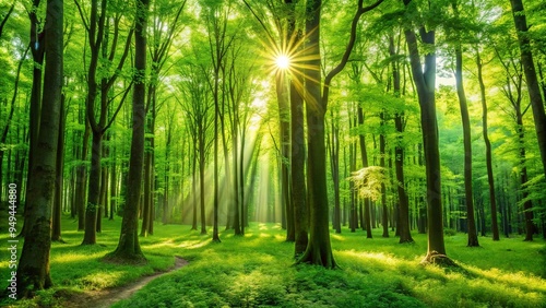 A vibrant stock photo capturing the invigorating essence of a green forest, promoting wellness and harmony