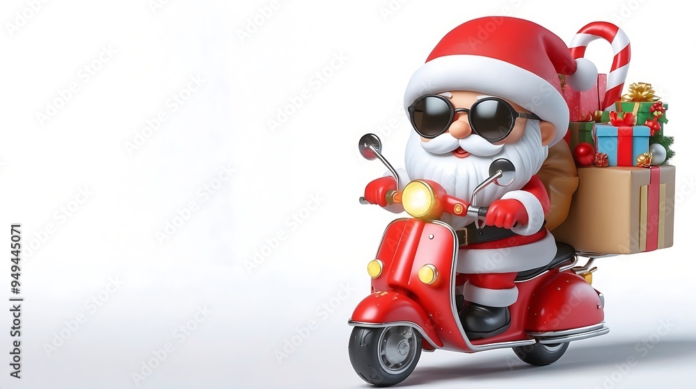 3D Cool Santa Claus with sunglasses and gifts in his backpack on a motorbike. 3D Cool Santa Claus with sunglasses and gifts in his backpack on a motorbike.