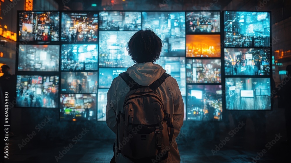 A Person Observing a Wall of Cityscapes on Screens A Person Observing a Wall of Cityscapes on Screens