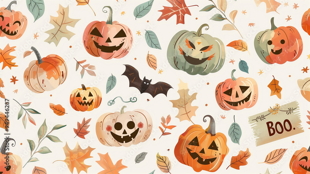 Playful Halloween Pattern with Smiling Pumpkins, Leaves, and Bats on Light Background Playful Halloween Pattern with Smiling Pumpkins, Leaves, and Bats on Light Background