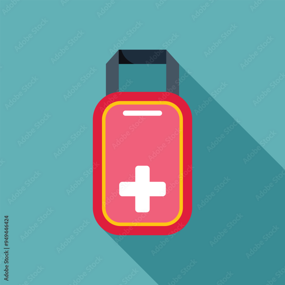 Obraz premium Closed first aid kit with a white cross on a red background lying on the table, healthcare concept