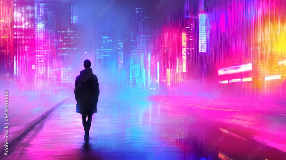 a futuristic, neon-lit cityscape. A person is walking alone down a street, silhouetted against the vibrant colors. The scene is filled with bright neon lights in shades of pink, purple, blue a futuristic, neon-lit cityscape. A person is walking alone down a street, silhouetted against the vibrant colors. The scene is filled with bright neon lights in shades of pink, purple, blue