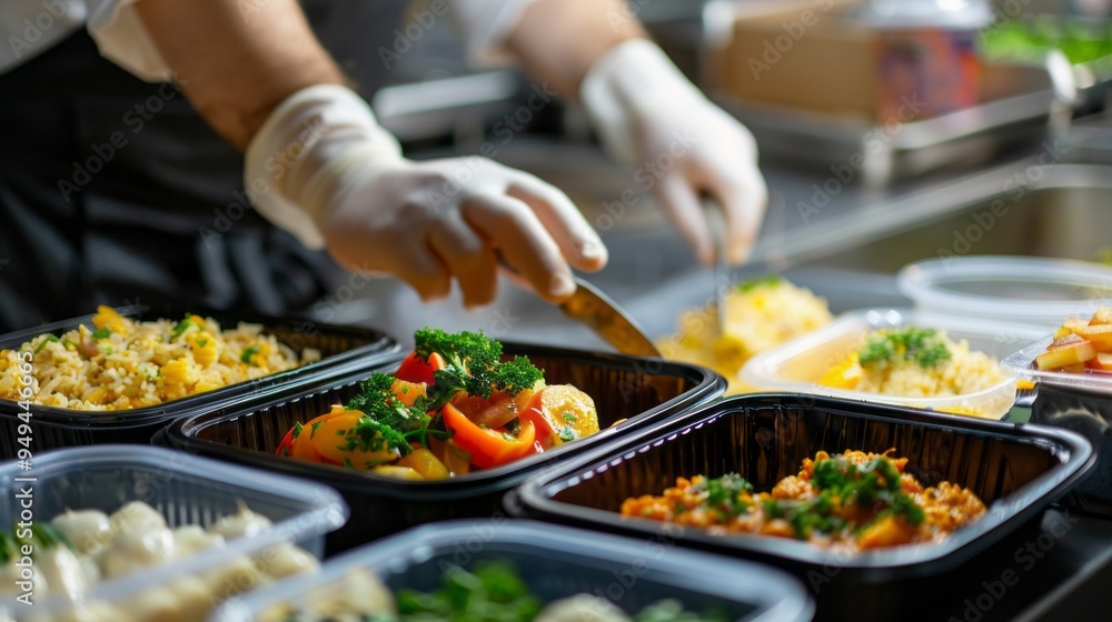 A chef is preparing food in a kitchen with several trays of food A chef is preparing food in a kitchen with several trays of food