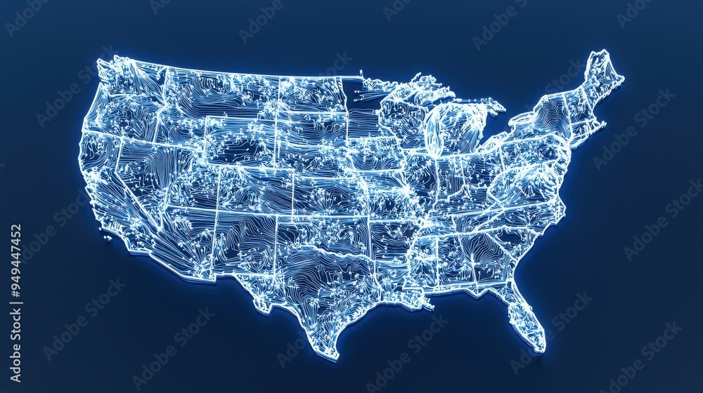 Obraz premium Abstract USA Map Glowing Blue Neon Lines