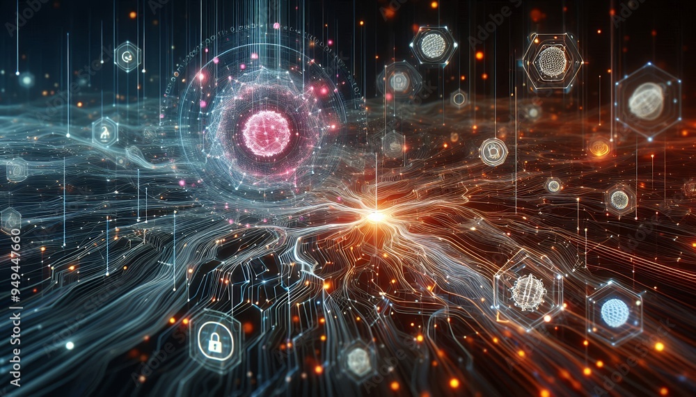 Obraz premium Cyber big data flow blockchain data network line