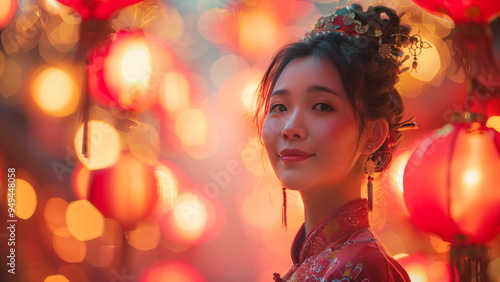 Portrait of young woman dressed in traditional attire with warm glow of red lanterns background photo