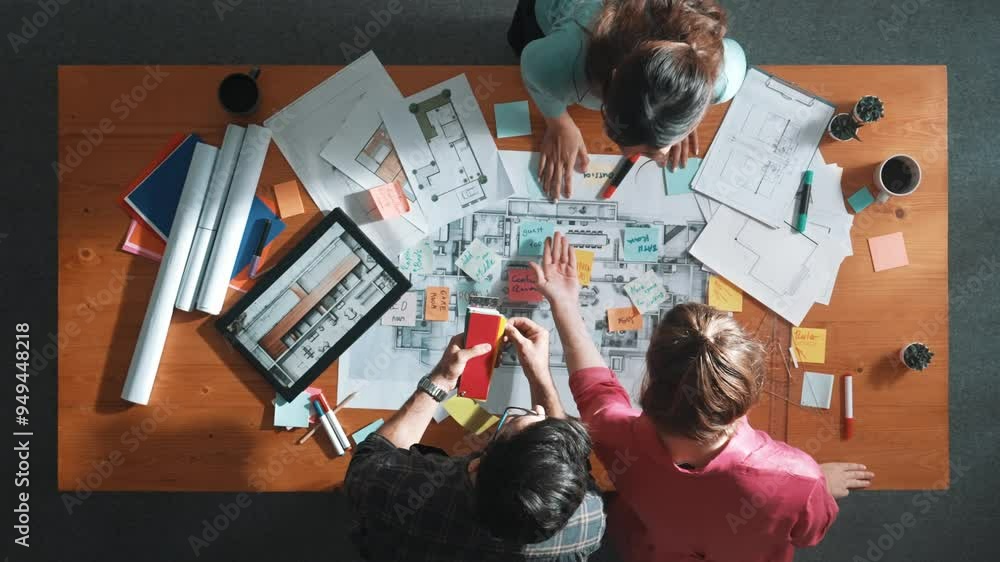 Top view of engineer working together to design building construction while standing at meeting table with blueprint and notes. Top view of interior designer choosing color from palettes. Symposium.
