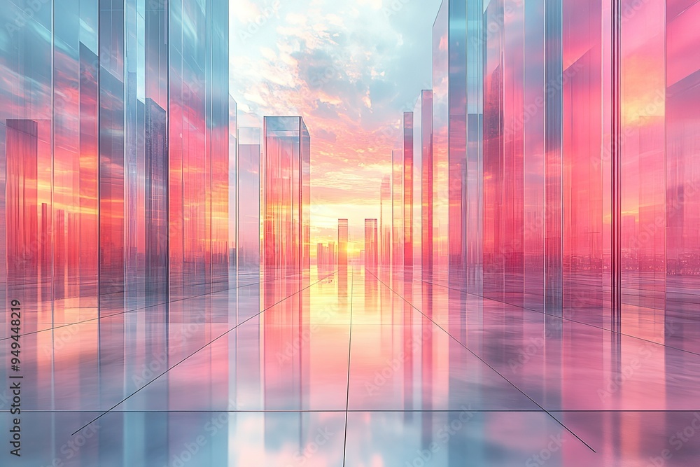 A cityscape with a pink and purple sky and tall buildings A cityscape with a pink and purple sky and tall buildings