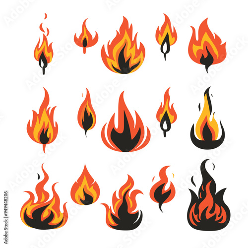 Watercolor flame icons. Flame icons set. Fire red and black flames icon set. Logo design fire. Vector illustration isolated on white background. 