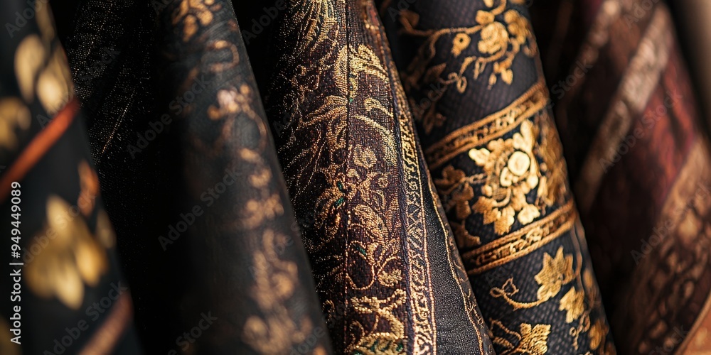 Closeup of Black and Gold Fabric with Floral Pattern Closeup of Black and Gold Fabric with Floral Pattern