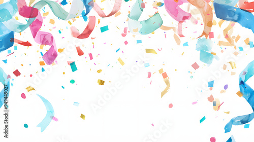 Confetti and Streamers Frame white Background watercolor