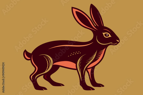  Engraving style slim rabbit from the side vector art illustration photo