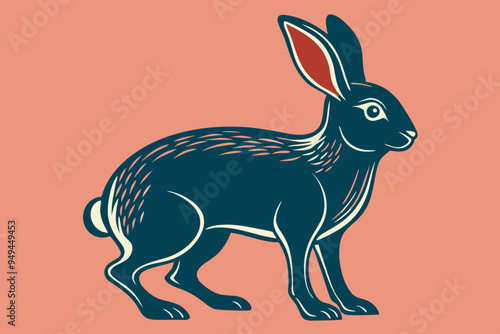  Engraving style slim rabbit from the side vector art illustration photo