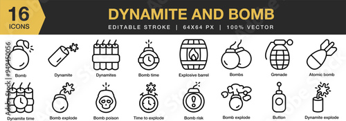 Dynamite And Bomb icon set. Editable Stroke Icon Collection. Includes dynamite explode, button, time bomb, grenade, and More. Outline icons vector collection.