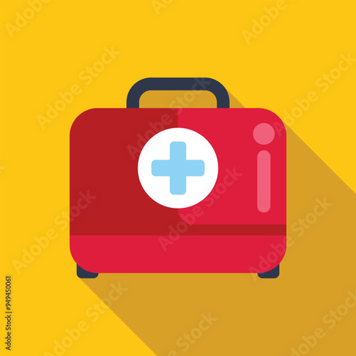 Red first aid kit closed and lying down, casting a long shadow on a yellow background