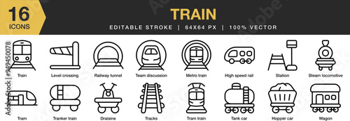 Train icon set. Editable Stroke Icon Collection. Includes railway, station, tank car, train, wagon, and More. Outline icons vector collection.