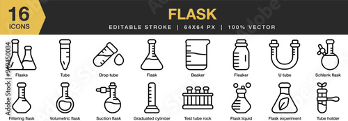 Flask icon set. Editable Stroke Icon Collection. Includes fleaker, schlenk, suction, test tube, tube, volumetric, and More. Outline icons vector collection.