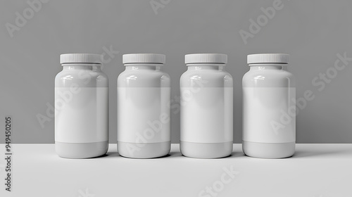 Four white pill bottles with blank labels, ready for your design.