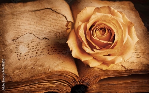 Golden Rose on Old Book for a Valentine Background photo