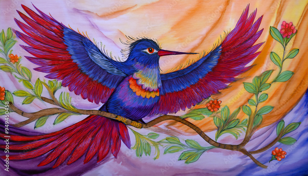 Fototapeta premium Colorful watercolor gouache bird painting on silk 
