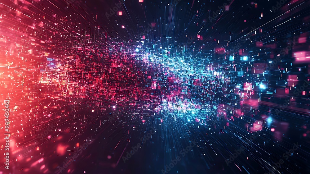 Fototapeta premium A cyberpunk glitch art scene with red and blue lights, evoking a futuristic, digital atmosphere.