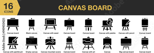 Canvas Board solid icon set. Includes Canvas board icons and More. Solid icons vector collection.