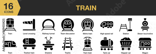 Train solid icon set. Includes draisine, high speed, hopper car, metro train, and More. Solid icons vector collection.