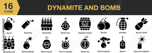 Dynamite and Bomb solid icon set. Includes atomic bomb, explode, poison, risk, time, and More. Solid icons vector collection.