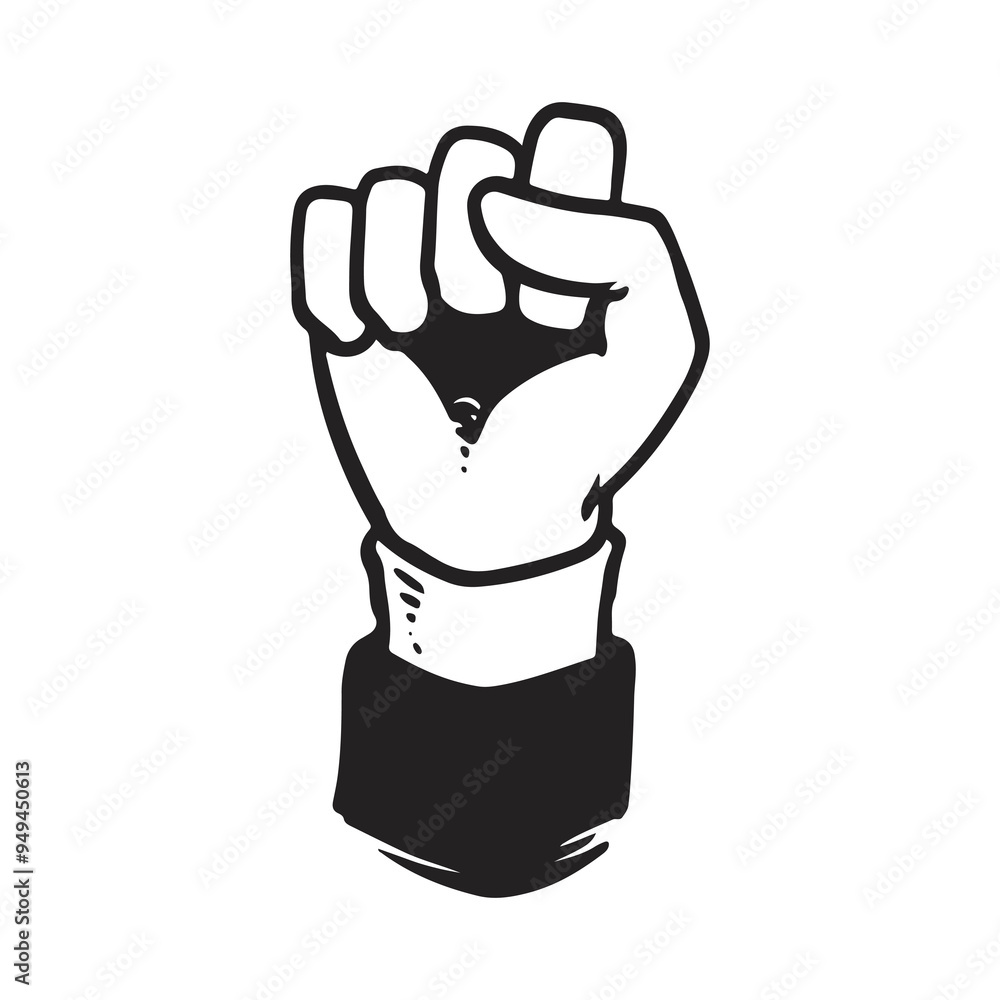 Obraz premium Raised Fist. Black and white cartoon hand drawn. Symbol of Solidarity and Strength