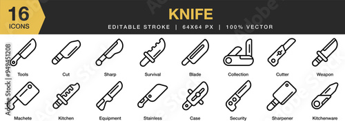 Knife icon set. Editable Stroke Icon Collection. Includes kitchen, machete, sharp, stainless, survival, tools, and More. Outline icons vector collection.