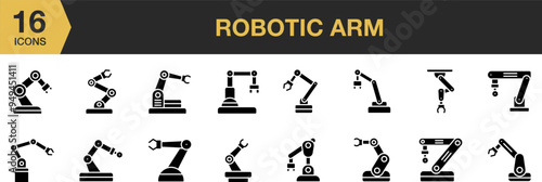 Robotic Arm solid icon set. Includes robotic arm icons and More. Solid icons vector collection.