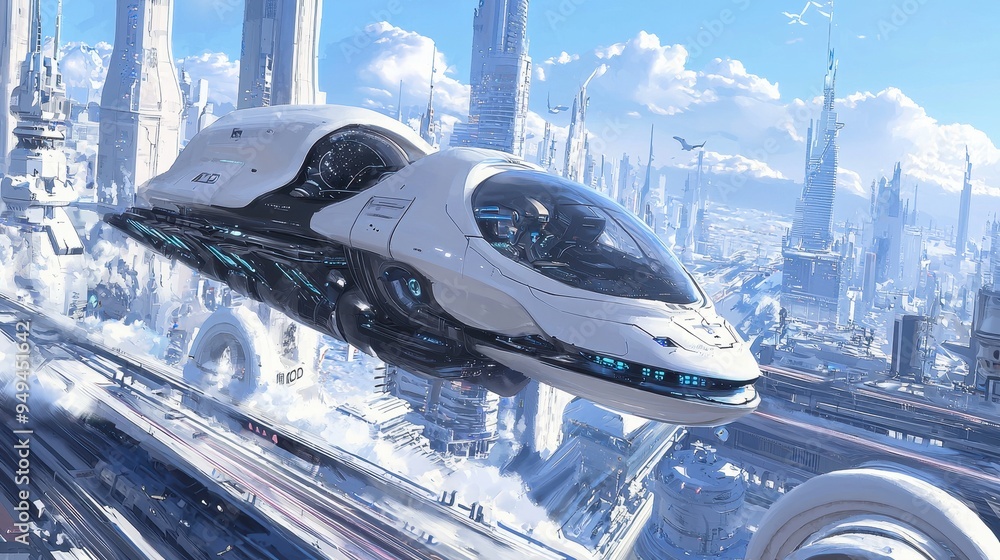 Futuristic Cityscape with Flying Car Futuristic Cityscape with Flying Car