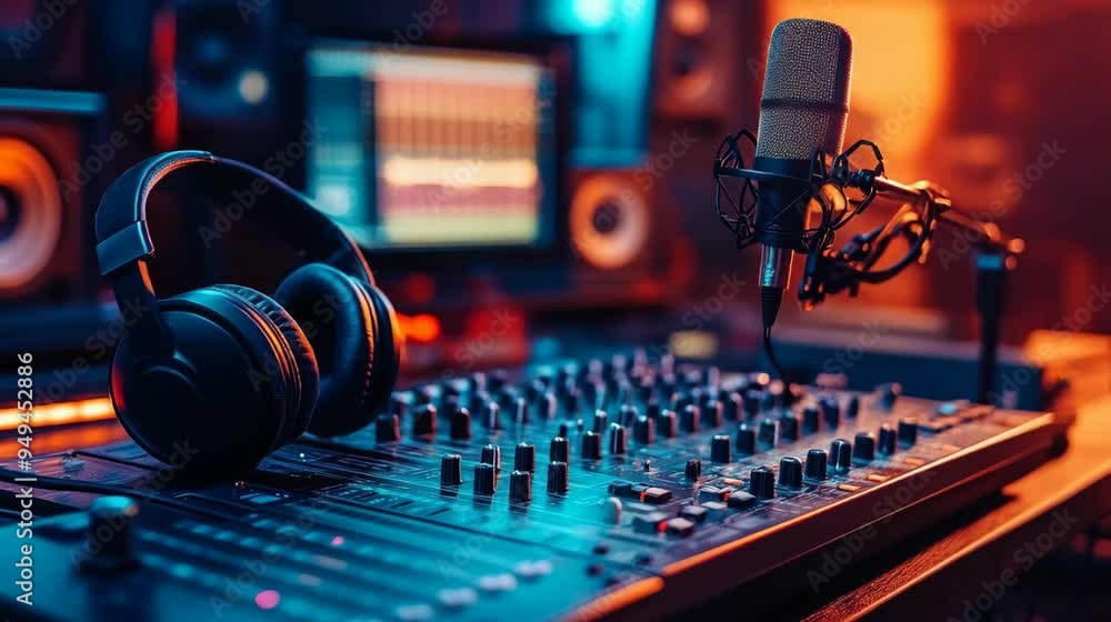 Interior of a music and podcast recording studio, headphones and a sound mixer on the table and a podcast microphone, enhanced details Interior of a music and podcast recording studio, headphones and a sound mixer on the table and a podcast microphone, enhanced details