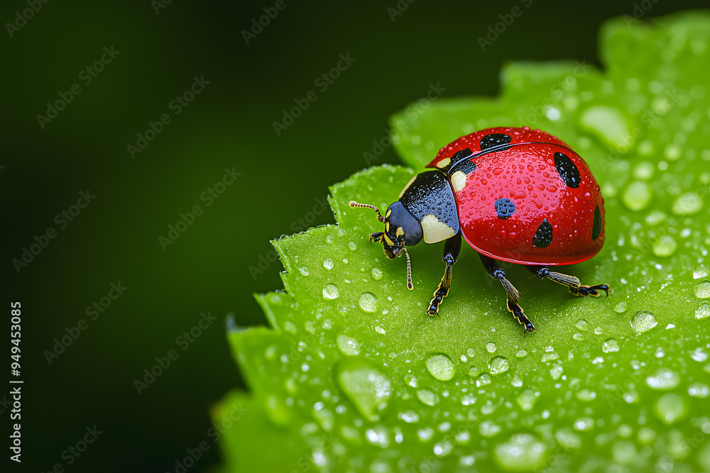 Fototapeta premium Crisp close-up of a ladybug on a green leaf ideal for eye-catching nature designs
