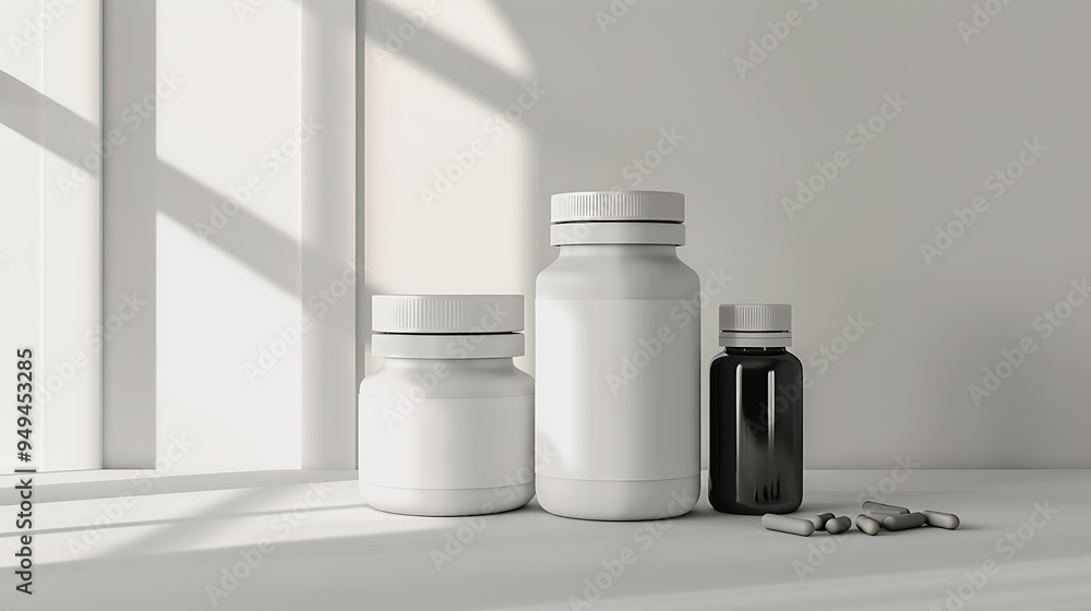 White and black pill bottles with scattered capsules in front of a window. White and black pill bottles with scattered capsules in front of a window.
