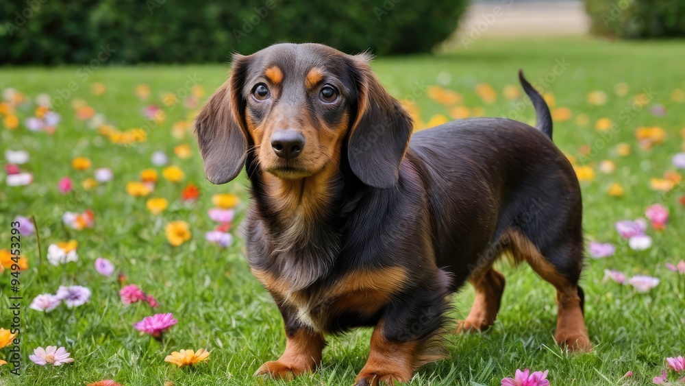 Chocolate and tan long haired dachshund dog in flower field Chocolate and tan long haired dachshund dog in flower field